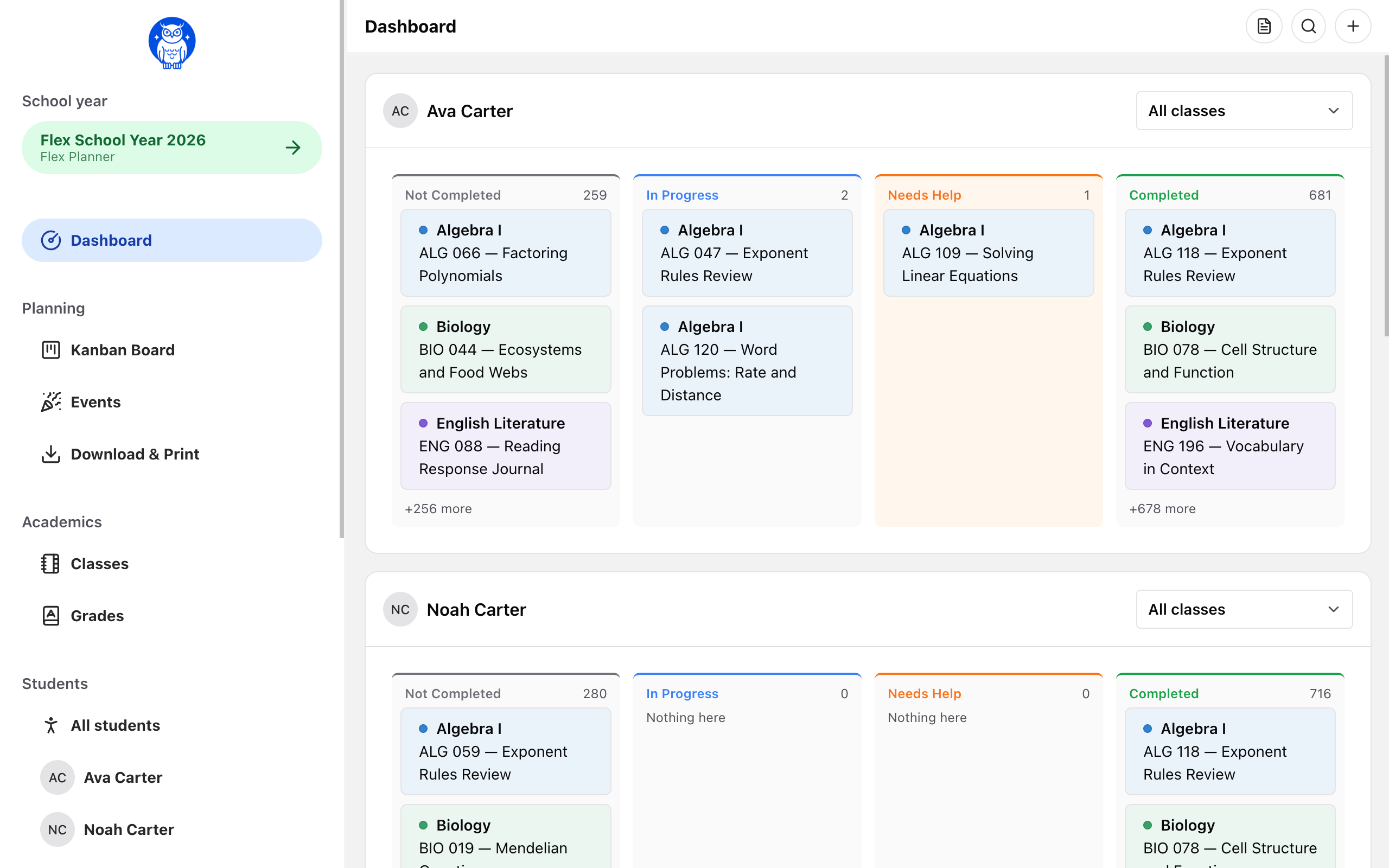 A Flex Planner school year: classes as ordered lists with no due dates